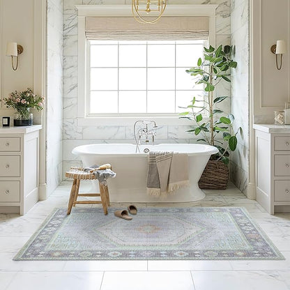 Fame Living Washable Area Rug. Modern Farmhouse. Vintage. Turkish. Bohemian. Distressed. Oriental. Traditional. Rugs for Living Room. Dining. Bedroom. Office. Entryway. Foyer. (856GrnCrm, 2' x 3')