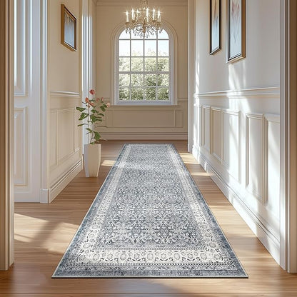 jinchan Hallway Runner Rug 2x10 - Machine Washable Grey Vintage Floral Distressed Design Soft Non-Slip Low-Pile Ultra-Thin Runner Rug for Kitchen Laundry Room Bedroom Farmhouse (2‘x10', Grey)