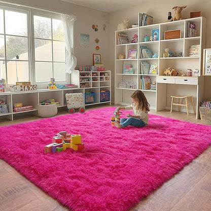 Shaggy Area Rugs, Hot Pink Fuzzy Rugs for Kids Bedroom, Soft Play Nursery Area Rug for Girls, Shag Area Rugs Non Slip, Fluffy Rug Carpet 8x10Ft