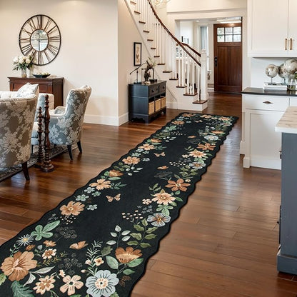 Lahome Floral Hallway Runner Rug Non Slip, 2'6''x10' Washable Runner Ultra-Thin Soft Kitchen Runners for Hallways, Stain Resistan Carpet for Entryway Bathroom(Black/Grey)