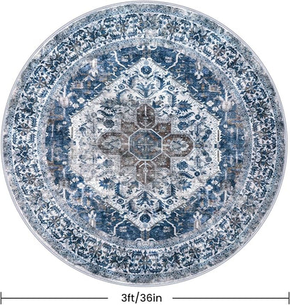 KOZYFLY Round Rug 3 Ft Rugs for Entryway Washable Circle Entrance Rug Non Slip Round Doormat Indoor Printed Faux Wool Round Front Door Mat Floor Carpet for Backdoor, Entryway, Bedroom, Blue