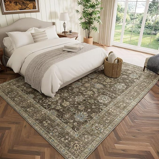 Washable 5x7 Area Rugs for Living Room, Boho Non-Slip Vintage Distress Rugs for Bedroom Dining Room Nursery Office, 0.3" Neutral Oriental Throw Thin Carpet with Cushioning Pad, Tan/Flaxen/Multi