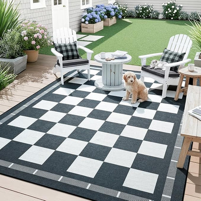 Vasofe Checkered Jute 6x9 Area Rugs, Washable Outdoor Patio Rug for Living Room Entrance Indoor Carpet, Non Slip Farmhouse Neutral Geometric Rugs for Bedroom Dining Room Backyard, Black and White