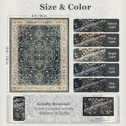 Vintage Distressed 8x10 Rugs for Living Room Bedroom, Washable Non Slip Dining Room Rugs for Under Table, Low Pile Thin Soft Carpet Farmhouse Dark Medallion Printed, Midnight/Multi
