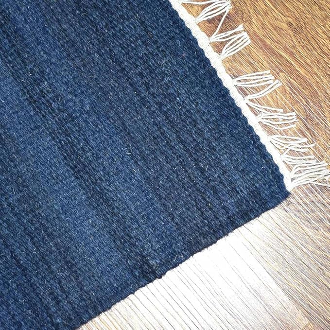 Rugsotic Carpets Hand Woven Flat Weave Kilim Wool ECO-Friendly Area Rugs - 3'x5', Rectangle Shape, Blue Color, Solid Plain Design, Low Pile Handmade Area Rugs for Living Room, Bed Room (D00111)