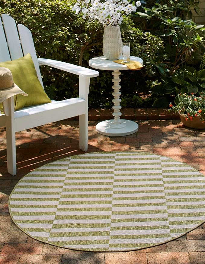 Unique Loom Outdoor Striped Collection Area Rug - Striped (6' 1" Round Green/Ivory)