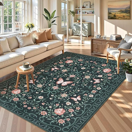 GarveeHome Area Rugs 9x12 Living Room Floral Rugs Non Slip Washable Large Bedroom Throw Carpet Stain Resistant Low Pile Black Bow Rugs Soft Boho Bow and Flower Carpets for Nursery Home Decor, 9x12