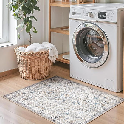 jinchan Kalen Area Rug 2x3 Washable Entryway Rug Door Mat Vintage Indoor Entrance Thin Retro Distressed Floral Print Country Boho Carpet Non Slip Doormat for Bathroom Kitchen Bedroom Blue Multi