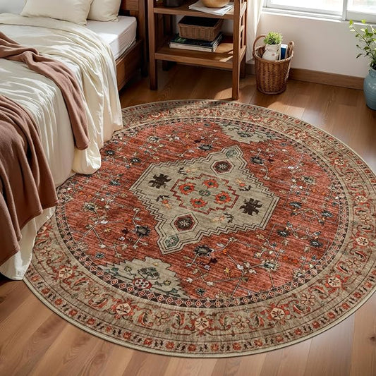Tangsoo Round Rug 4ft Washable Circle Rug, Vintage Non Slip Small Boho Round Rug, Low Pile Circular Rugs, Round Carpet for Bedroom,Entryway,Nursery,Dorm,Kitchen,Terracotta