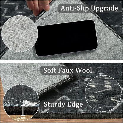 2x8 Machine Washable Runner Rug, Kitchen Hallway Area Rug, Black Vintage Moroccan Rug Ultra Non-Slip Low Pile Soft Faux Wool Carpet, Kids and Pets Friendly for Bedroom Entryway Bedside Decor Rug