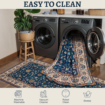 Tangsoo 2x3 Washable Rugs for Entryway, Small Area Vintage Floral Rug Non-Slip Soft Low Pile Rugs, Small Carpet Door Mat, Front Door Indoor Throw Rug for Entrance Kitchen Entry, Home Decor Navy Blue