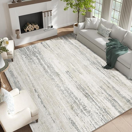 MUJOO 9x12 Area Rug,Washable Rugs for Living Room Bedroom Dining Room,Modern Abstract Large Non Slip Throw Carpet Indoor,Low Pile Accent Neutral Beige and Grey