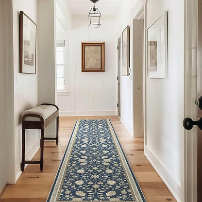EVERGRACE Hallyway Area Runner Rugs 2x10, Boho Floral Faux Wool Indoor Outdoor Rugs, Washable Rugs for Bedroom Dining Room Living Room Kitchen, Low Pile Floor Mat Carpet for Home Decor, Navy Blue