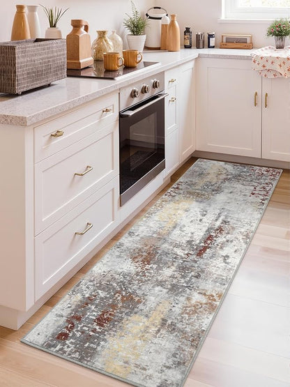 Washable Abstract Runner Rug, 2x6 Modern Area Rugs with Non-Slip Rubber Backed for Kitchen, Thin but Soft Contemporary Carpet Bedroom Entryway Hallway Decor, Rusty Brown