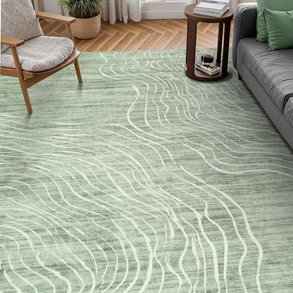 LIVEBOX 8x10 Modern Area Rugs for Living Room, Abstract Non-Slip Washable Rugs, Minimalist Wave Striped Neutral Boys Girl Nursery Area Rug for Bedroom, Carpet for Playroom Office(Sage Green,8'x10')