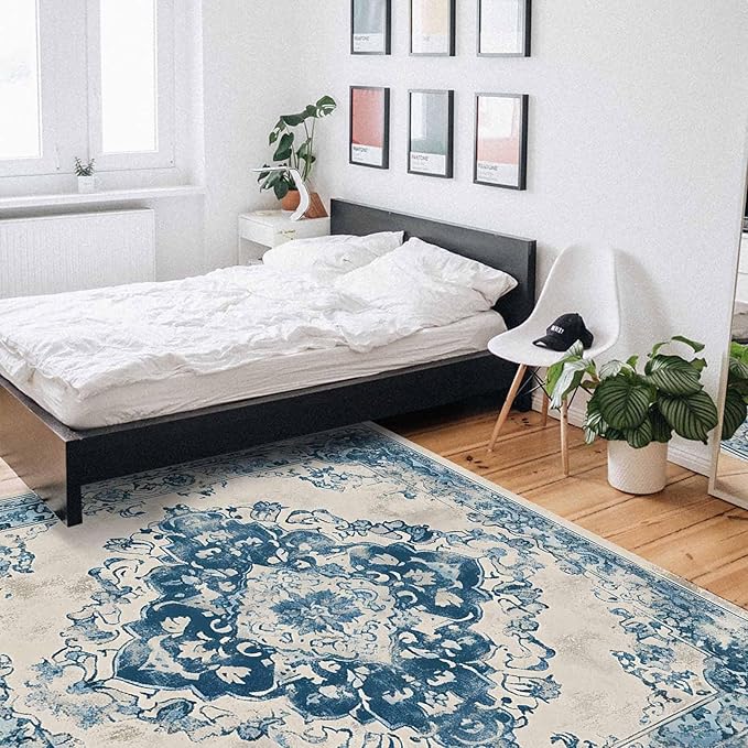 Blue Bohemian Rectangular Area Rugs for Living Room Bedroom 5 x 8 ft Vintage Farmhouse Floral Pattern Non-Shedding Soft Low Pile Rug Non Slip Washable Rug for Nursery Entryway Playroom