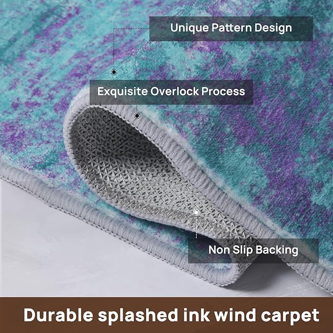 10x12 Abstract Area Rugs for Living Room, Modern Teal Purple Washable Indoor Rug for Bedroom, Soft Large Non-Slip Carpet for Dining Room Home Office Farmhouse Decor - Teal+Purple