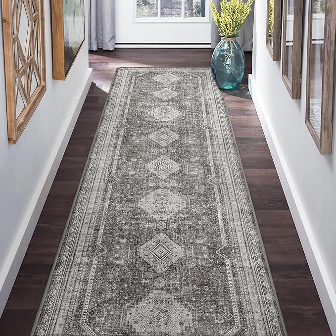 Bavni Runner Rug 2x5 Kitchen Rugs for Hallways Entryway, Washable Vintage Print Carpet, Low Pile Lightweight Rug with Non Slip Backing, Vintage Grey