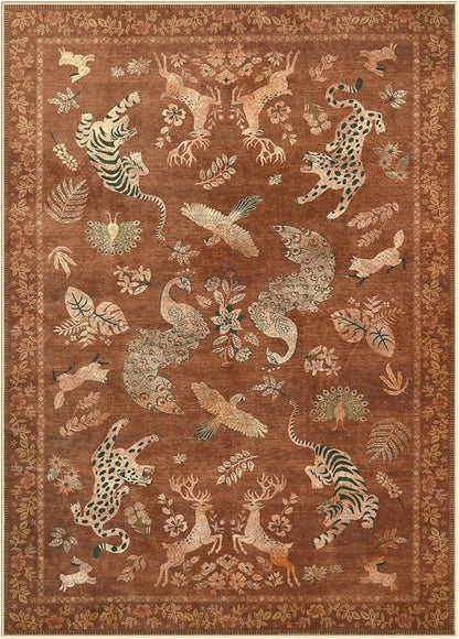 Moynesa Orange 5x7 Bedroom Rugs, Vintage Peacock Floral Washable Area Rugs for Living Room Dining Room Office Study, Low Pile Soft Non-Slip Water Repellent Carpets for Fall Winter Home Decor