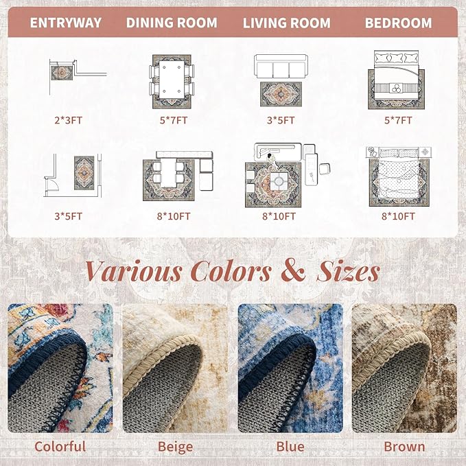 tchdio 3x5 Bedroom Area Rug, Non Slip Washable Entryway Rug Indoor, Soft Low Pile Vintage Door Mat, Stain Resistant Rug for Entrance, Bedside, Dining Room (Multi, 3'x5')