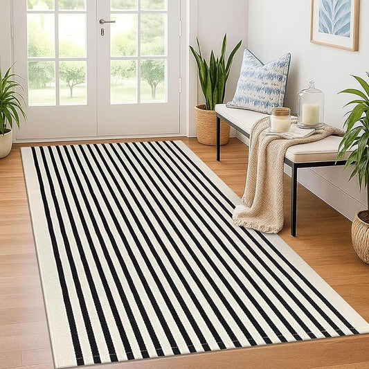 KOZYFLY Black and Beige Striped Rug 4x6 Ft Area Rug Washable Indoor Outdoor Rug Cotton Door Mat for Double Front Door Entryway Patio Porch Living Room Carpet