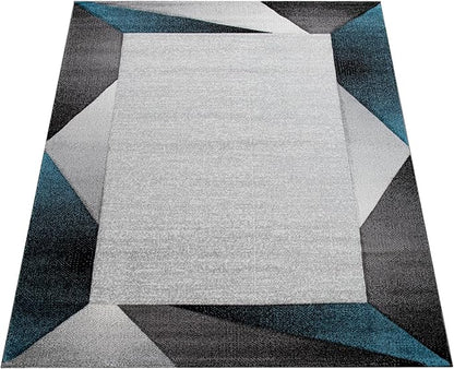 Paco Home Modern Area Rug Bordered with Geometric Pattern Turquoise Grey with Contour Cut, Size: 2'8" x 4'11"