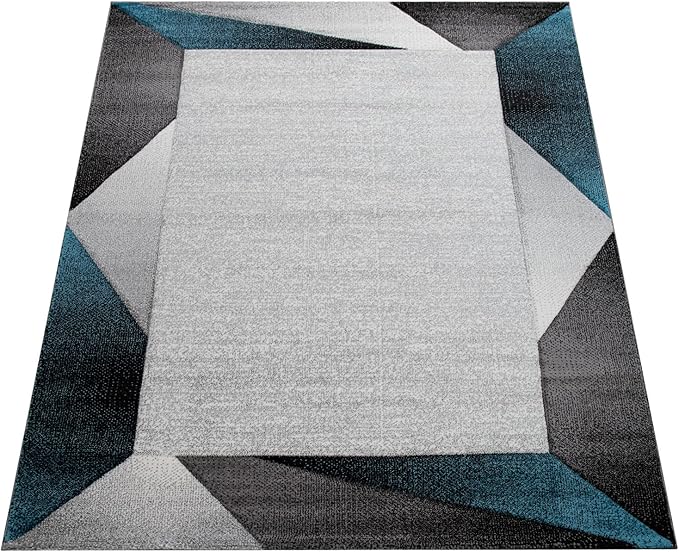 Paco Home Modern Area Rug Bordered with Geometric Pattern Turquoise Grey with Contour Cut, Size: 2'8" x 9'10"
