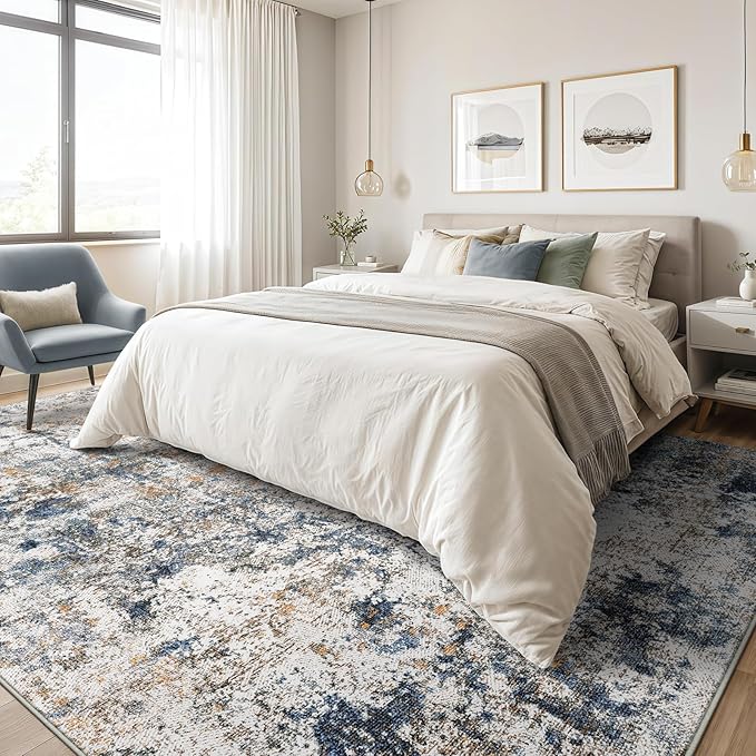 8x10 Washable Area Rug for Living Room, Multicolor Modern Vintage Abstract Rug Large Non-Slip Low Pile Soft Faux Wool Carpet, Kids and Pets Friendly for Bedroom Dining Room Farmhouse Home Decor Rug