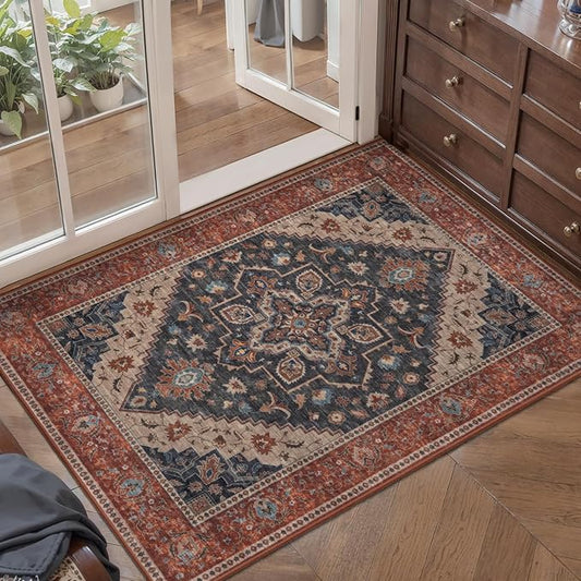 Tangsoo 2x3 Washable Rug for Entryway, Vintage Non Slip Small Area Rug, Indoor Front Door Rug, Print Door Mat Small Carpet, Soft Low Pile Rugs for Entrance Kitchen Bedroom Dark Blue/Orange