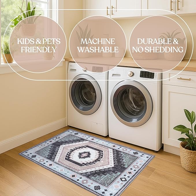 Fame Living Washable Area Rug. Modern Farmhouse. Vintage. Turkish. Bohemian. Distressed. Oriental. Traditional. Rugs for Living Room. Dining. Bedroom. Office. Entryway. Foyer. (856BlckGry, 9'5" x 14')