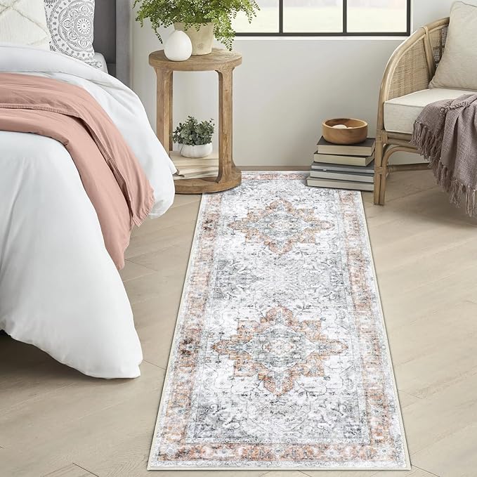 COMSLE Boho Runner Rug, 2x6 Washable Area Rugs for Hallway Faux Wool Small Throw Rug Distressed Kitchen Non-Slip Laundry Room Carpet Runner for Entryway Indoor Door Mat Bedroom (Orange)