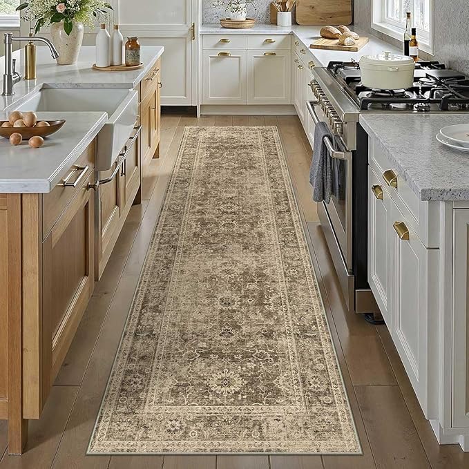 3x10 Washable Runner Rug for Kitchen Hallway Brown Vintage Non-Slip Low Pile Distressed Rustic Carpet Lightweight Vacuumable Soft Long Throw Rug for Indoor Entryway Bedroom