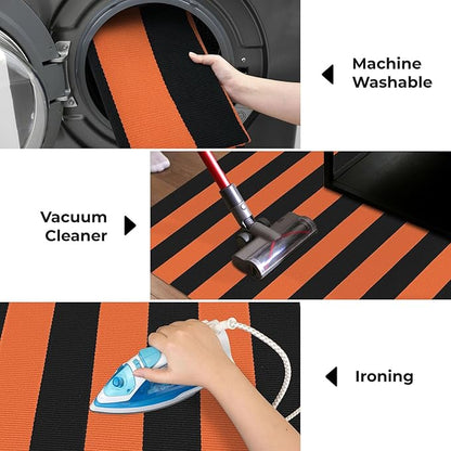 KOZYFLY Striped Rug 27.5x43 Inches Orange and Black Halloween Fall Front Door Rug Hand Woven Area Rugs Washable Outdoor Doormats Indoor Entrance Mat for Front Porch Kitchen Entryway Patio Holiday
