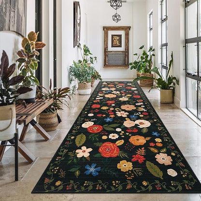 U'Artlines 2'6" x 8' Boho Runner Rug for Hallways Kitchen Colorful Floral Soft Non Slip Washable Floor Carpet Runners for Entryway Laundry Room Bathroom Black Green