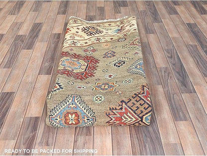 Taupe Brown Special Kazak with All Over Pattern Natural Dyes Organic Wool Hand Knotted Round Oriental Rug (9'x9')