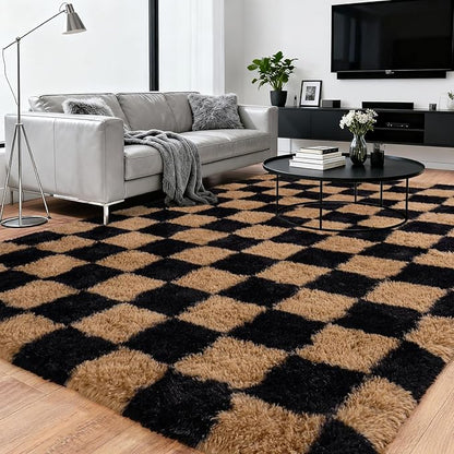 Extra Large Plush Rug High Pile Fluffy Rug for Living Room, Big Plush Non-Skid Shag Carpet, Soft Shaggy Rugs for Bedroom Indoor Modern Home Decor Grid 9x12ft