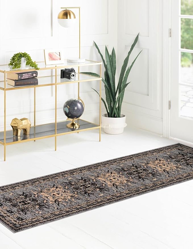 Unique Loom Taftan Collection Border Geometric Tribal Inspired Design Area Rug (2' 11 x 16' 5 Runner, Gray/ Black)