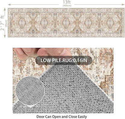 Enkor Runner Rugs for Hallway, 2.6x13 Washable Soft Non Slip Floor Rugs for Kitchen, Modern Mat for Living Room Bedroom Entryway Beige & Brown