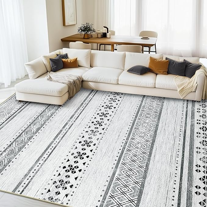 BESTSWEETIE 8x10 Area Rugs for Living Room Washable Moroccan Farmhouse Neutral Geometric Low Pile Non-Slip Soft Print Pattern Rug for Bedroom Kitchen Dining Room Entryway Grey/Black/Navy