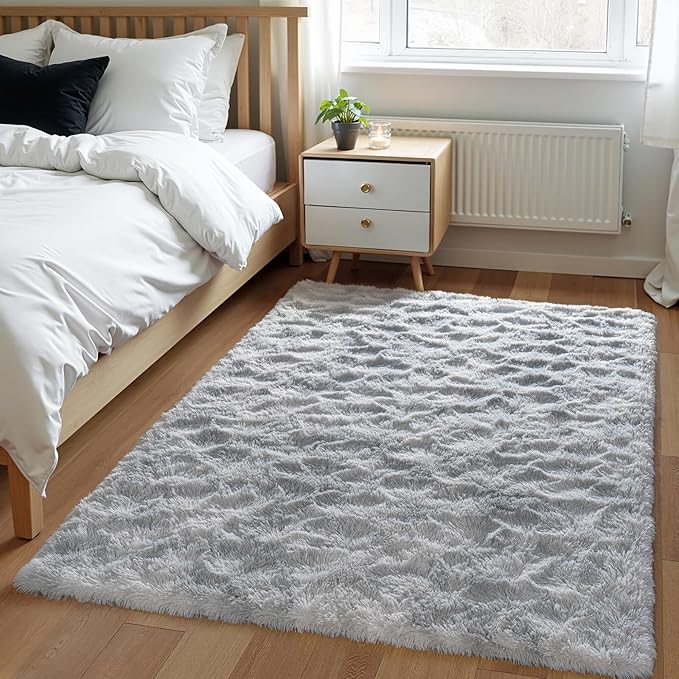 Zentavio Grey and White Area Rugs for Living Room Men Room Carpet 4x6 Bedroom Fluffy Furry Shag Aesthetic Plush High Pile Floor Rug for Kids Room Dorm Home Decor Tie-Dyed Grey White