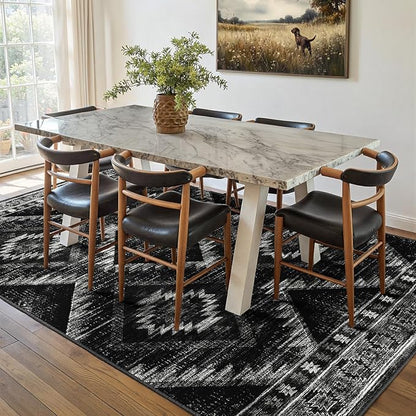 Area Rug 6x8 Rug Machine Washable Non-Slip Low Pile Print Pattern Western Rug for Living Room Bedroom Entryway Tribal Series-Black