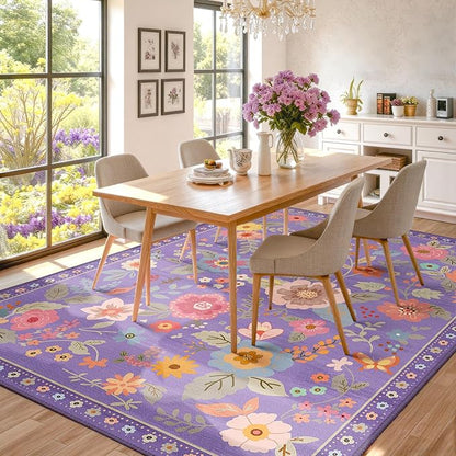 Floral 9x12 Area Rug Machine Washable Soft Print Boho Carpet Non Slip Doormat Low Pile Flower Area Rugs for Living Room Bedroom Nursery Kitchen Dining Room Indoor-Purple/Pink/Multi