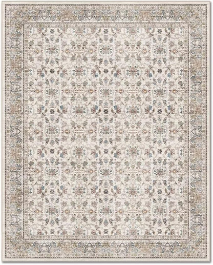 Washable 10x14 Area Rugs for Living Room, Boho Non-Slip Vintage Distress Large Rugs for Bedroom Dining Room Office, 0.3" Neutral Oriental Throw Thin Carpet, Cream/Blue/Orange/Multi