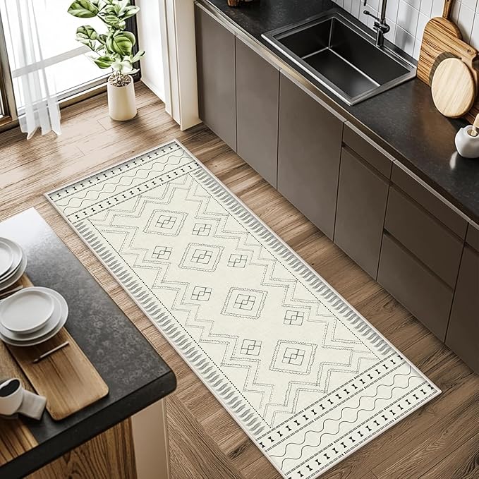 Beige White Runner Rug, 3x10ft Black Geometric Square Pattern Hallway Decor Rug - Modern Home Corridor & Foyer Accent Carpet, Non-Slip Mat Washable Rugs, Stylish Carpet for Hallway Spaces
