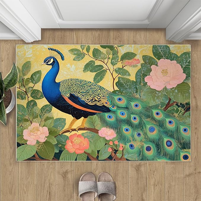 Peacock Peony Rugs for Bedroom - 2x3 Rug, Peacock Decor Area Rugs for Living Room, Peony Flower Carpet, Floral Animal Washable Area Mat, Aesthetics Carpet - Peafowl Home Decor & Gifts