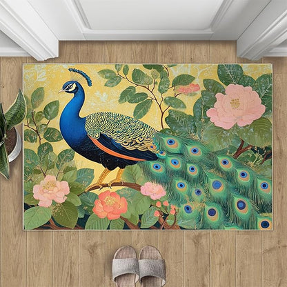 Peacock Peony Rugs for Bedroom - 2x3 Rug, Peacock Decor Area Rugs for Living Room, Peony Flower Carpet, Floral Animal Washable Area Mat, Aesthetics Carpet - Peafowl Home Decor & Gifts