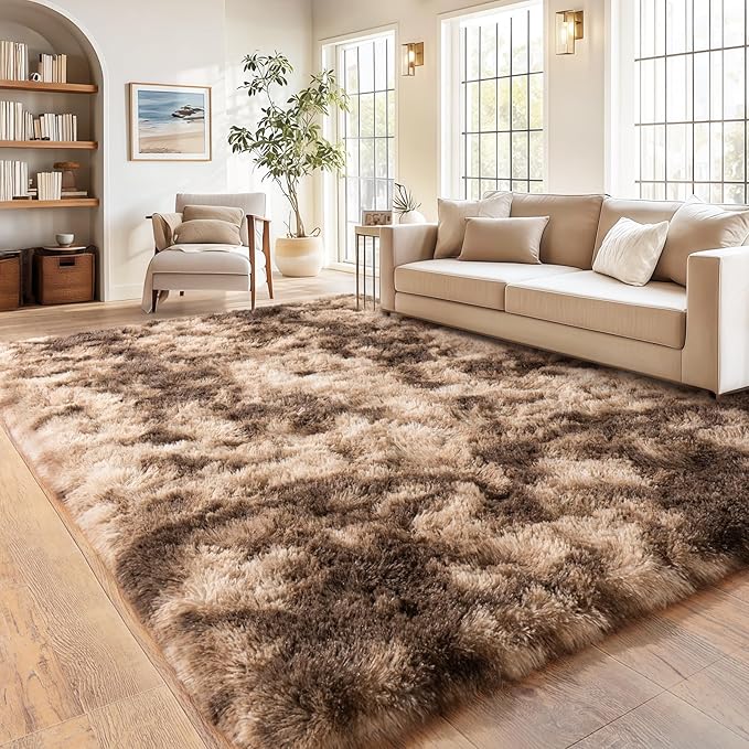 Soft Shaggy Rugs Fluffy Rug, Plush Area Rugs for Living Room Nursery Home Decor, Tie-Dyed Brown Anti-Skid Rectangular Fuzzy Rug 8x10 Feet