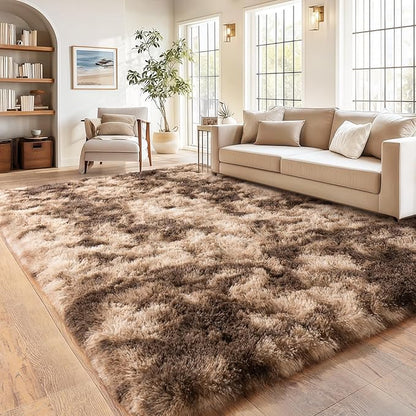 Soft Shaggy Rugs Fluffy Rug, Plush Area Rugs for Living Room Nursery Home Decor, Tie-Dyed Brown Anti-Skid Rectangular Fuzzy Rug 8x10 Feet