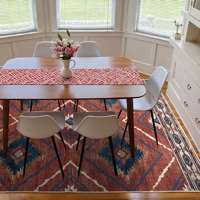 Area Rug 3x4 Rug Machine Washable Non-Slip Low Pile Print Pattern Western Rug for Living Room Bedroom Entryway Tribal Series-Red/Orange