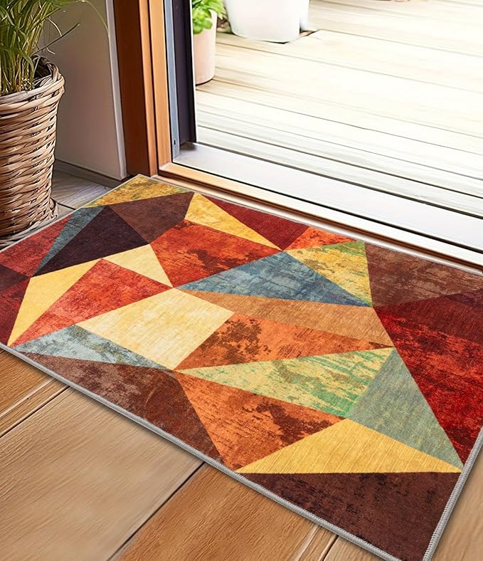 YIHOUSE Brown Entryway Rug 2x3, Small Burnt Orange Rug for Indoor Entrance, Farmhouse Kitchen Rugs Washable,Geometric Area Rug,Vintage Welcome Mats for Front Door, Burgundy Boho Rugs for Entryway